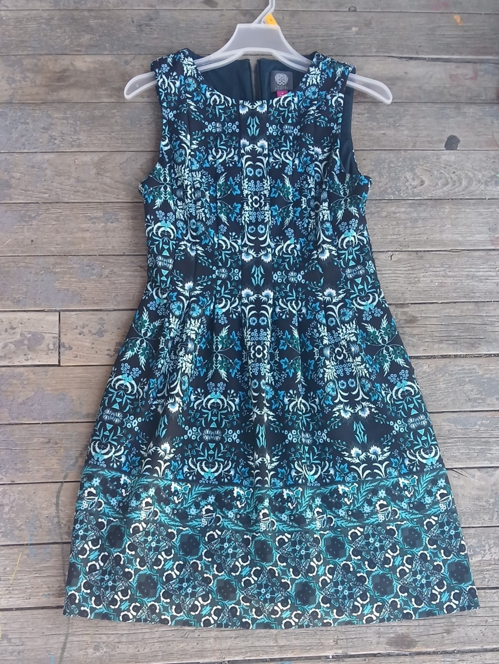 GUC Vince Camuto Sleeveless Black & Teal Patterned Women's Dress
